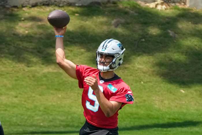 May 12, 2023; Charlotte, NC, USA; Carolina Panthers quarterback Bryce Young (9) throws during the Carolina Panthers rookie camp at the Atrium Practice Facility in Charlotte, N.C.